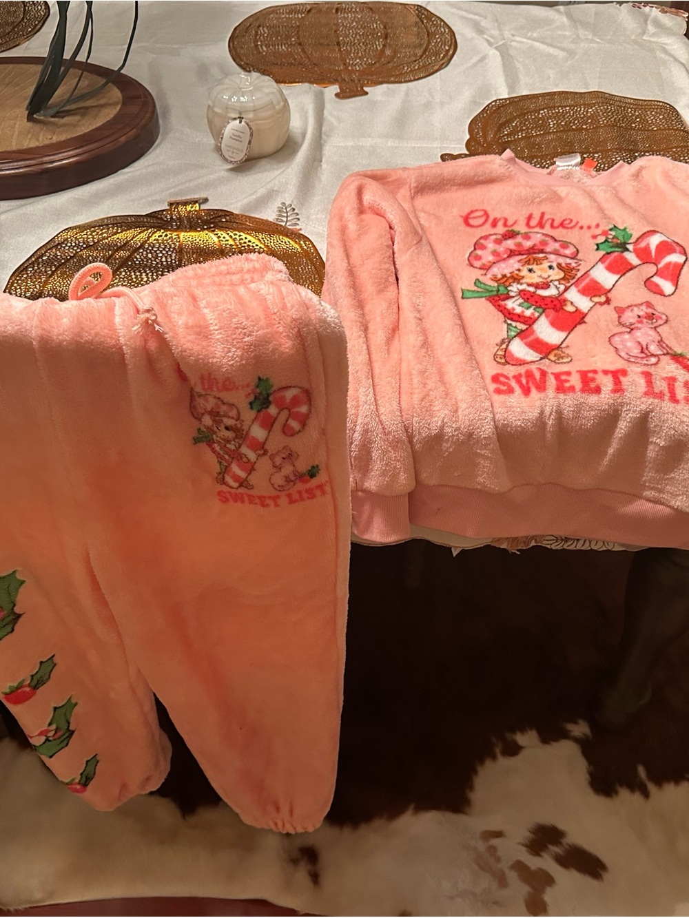 Juniors pink strawberry shortcake fleece set- Pink Candy Cane Holiday Design